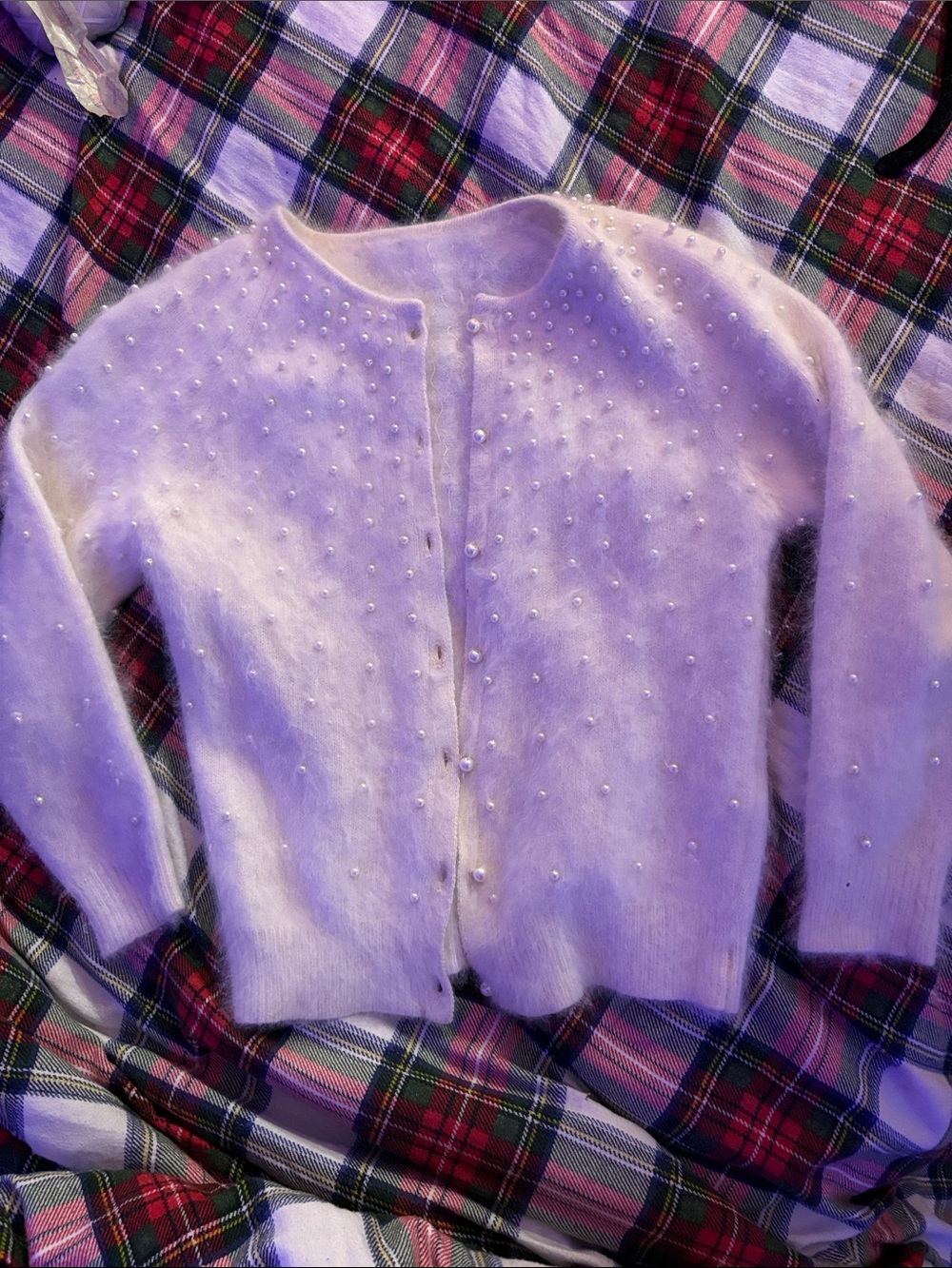VINTAGE Pearl-Embellished fuzzy angora  Women's Cardigan Sweater 3/4 sleeve